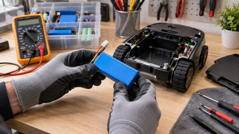 Intakter Geräteakku wird in einer privaten Elektronikwerkstatt sicher geprüft