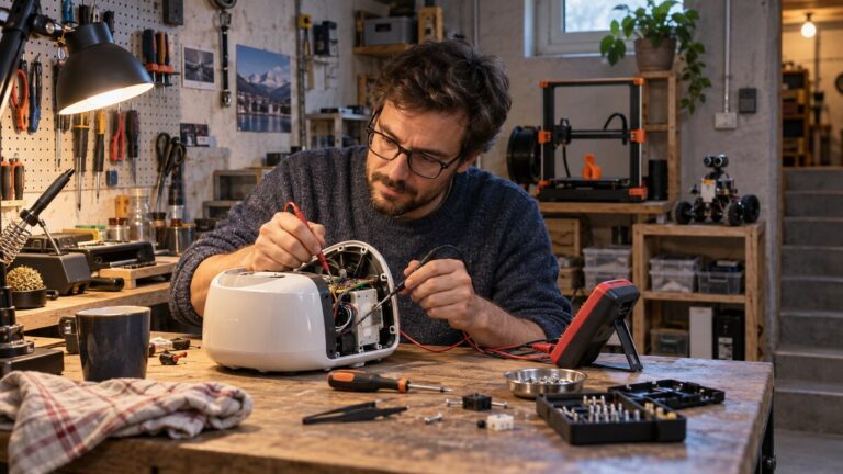 Hobby-Reparateur prüft in einer kleinen Roboterwerkstatt ein geöffnetes Gerät mit einem Messgerät