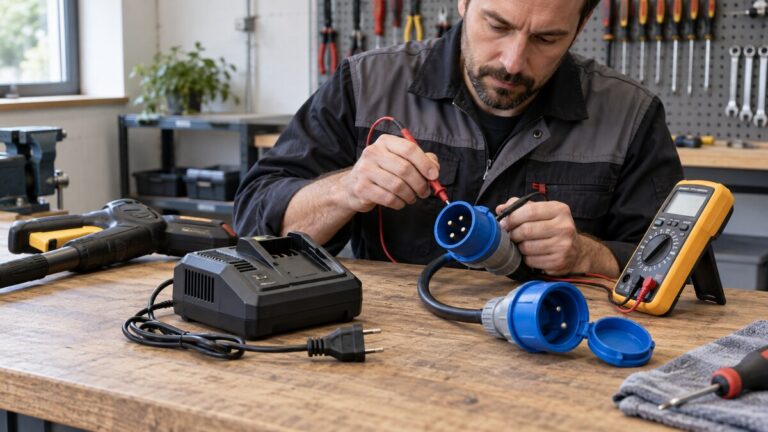 Techniker prüft ausgesteckte elektrische Komponenten und ein Ladegerät mit einem Messgerät
